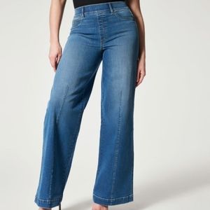 Spanx Petite Small Seamed Front Wide Leg Jeans in Vintage Indigo